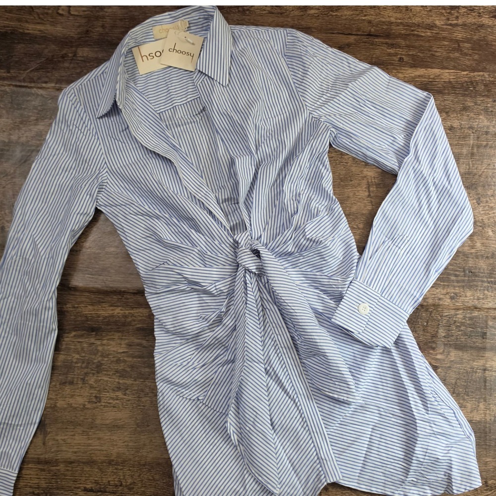 CHOOSY Striped Button Down Shirt Womens Size‎ 2 Blue White Long Sleeve NWT